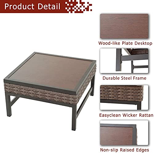 Festival Depot Patio Side End Coffee Table Outdoor Biatro Dining Furniture with Metal Steel Frame, Wood Grain Desktop and Rattan Wicker for Poolside Deck (23.6" x 23.6" x 13.3")