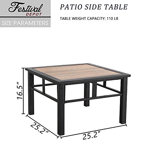 Festival Depot Patio Side Table Square Coffee Table Outdoor Furniture with All-Weather Metal Frame and Wood-Grain Desktop Outdoor Furniture for Deck Poolside Garden (25.2" x 25.2" x 16.5")