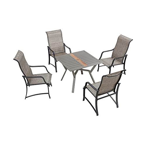 Festival Depot 5 Pieces Patio Dining Set of 4 Armrest Chair with Textilene Fabric and 1 Square Table with 2.16" Umbrella Hole Outdoor Furniture w/Metal Frame for Backyard Deck Garden, Grey