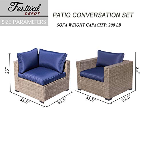 Festival Depot 7 Pieces Patio Furniture Outdoor Conversation Set Sectional Wicker Sofa Set with Removable Seat Cushions and Coffee Table with Tempered Glass for Garden Deck Porch Lawn Balcony, Blue