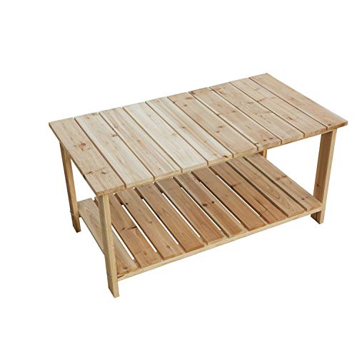 Festival Depot Natural Wood Outdoor Furniture Adirondack Patio Bistro Rectangle Dining Wooden Table Top with Steel Legs 2-Shelf Storage 37. 5"(L) x 20. 1"(W) x 18. 5"(H),Wood Color