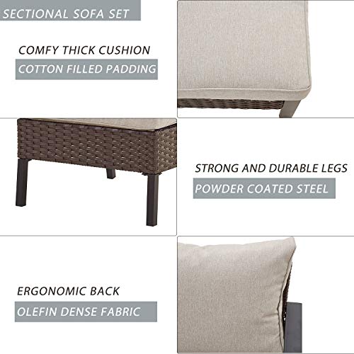 Festival Depot 6 Pieces Patio Conversation Set Outdoor Furniture Sectional Sofa with All-Weather Brown PE Rattan Wicker Back Chair, Coffee Table, Ottoman and Thick Soft Removable Couch Cushions