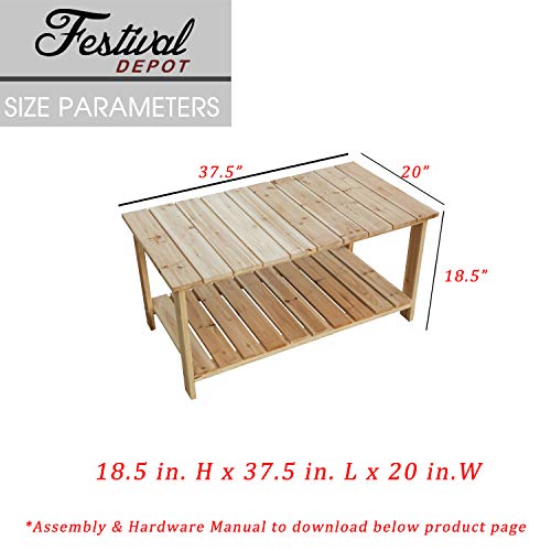 Festival Depot 37.5" Patio Coffee Table Wooden Table with Storage Shelf Outdoor Furniture for Lawn Deck, Natural Finish