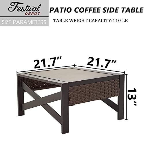 Sports Festival 1 Pcs Patio Side Coffee Table Outdoor Bistro Dining Furniture with Wood Grain Tabletop, Wicker Rattan and X Shaped Slatted Steel Legs (Brown)