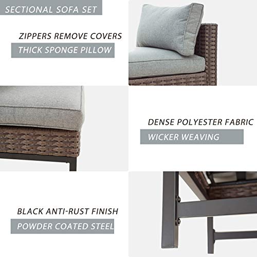 Festival Depot 6 Pieces Patio Outdoor Furniture Conversation Set Sectional Corner Sofa with Wicker Chairs, Ottomans,Coffee Side Table and Seating Thick Soft Cushion (Gray)