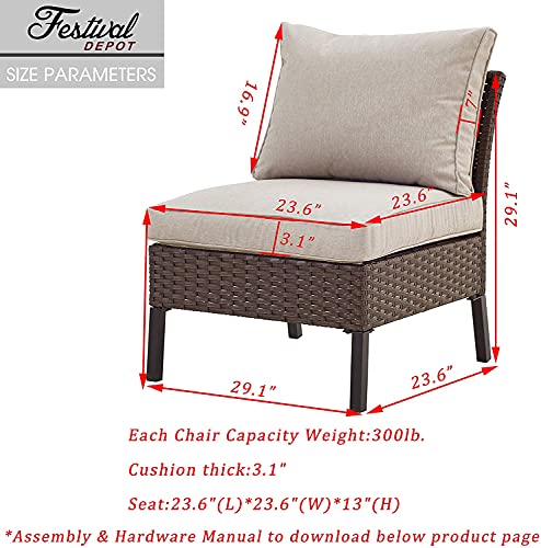 Festival Depot Patio Armless Sofa Sectional Furniture Loveseat Outdoor Dining Chair with Cushions Pillow and Metal Frame Wicker for Garden Backyard Pool Farmhouse (Beige) (B-PF20722-new1)