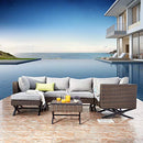 Festival Depot 7pcs Outdoor Furniture Patio Conversation Set Sectional Corner Sofa Chairs with X Shaped Metal Leg All Weather Brown Rattan Wicker Ottoman Side Coffee Table with Grey Seat Back Cushions