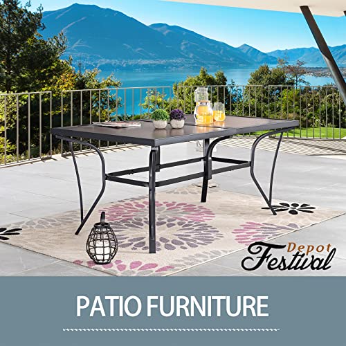 Festival Depot Patio Dining Table, Outdoor Folding Table, All Weather Furniture with Red Imitation Wood Grain Tabletop Black Metal Frame (Rectangle)