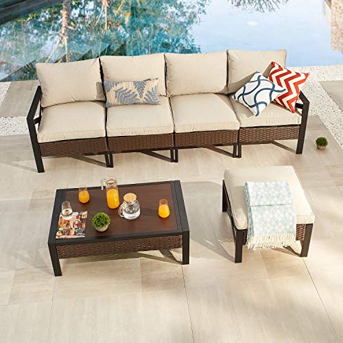 Festival Depot 6 Pieces Patio Conversation Set Outdoor Furniture Sectional Sofa with All-Weather Brown PE Rattan Wicker Back Chair, Coffee Table, Ottoman and Thick Soft Removable Couch Cushions