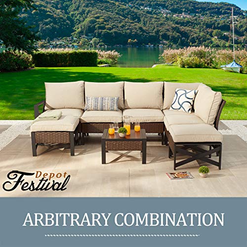 Sports Festival 1 Pcs Patio Side Coffee Table Outdoor Bistro Dining Furniture with Wood Grain Tabletop, Wicker Rattan and X Shaped Slatted Steel Legs (Brown)