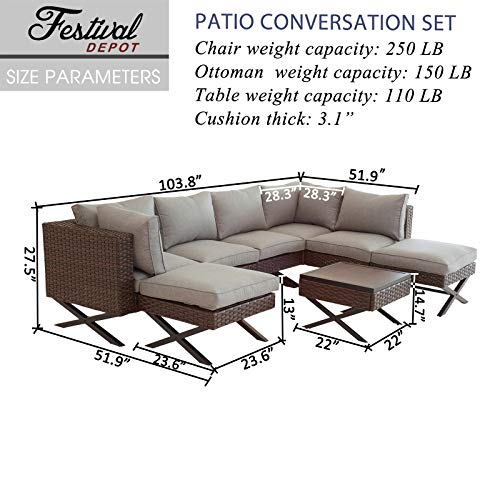 Festival Depot 8pcs Outdoor Furniture Patio Conversation Set Sectional Corner Sofa Chairs with X Shaped Metal Leg All Weather Brown Rattan Wicker Ottoman Side Coffee Table with Grey Seat Back Cushions