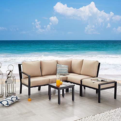 Festival Depot 6-Pieces Patio Outdoor Furniture Conversation Sets Sectional Corner Sofa, All-Weather Black X Slatted Back Chairs with Coffee Table and Thick Soft Removable Couch Cushions (Beige)