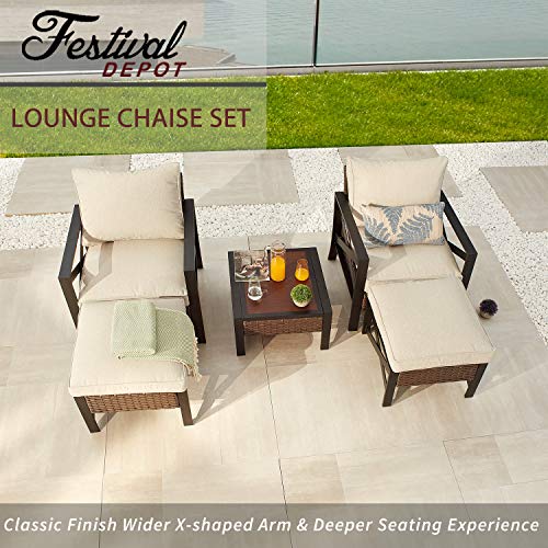 Festival Depot 5 Pieces Patio Outdoor Conversation Brown Wicker Rattan Chairs Cushions Ottomans Set Coffee Square Table Black Classic Metal Frame Furniture Garden Bistro Seating with Cushions