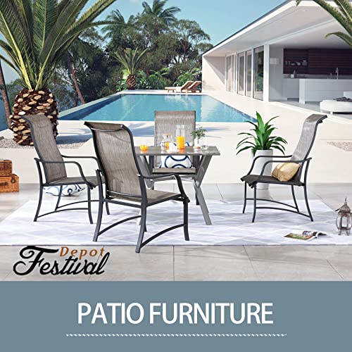 Festival Depot 5 Pieces Patio Dining Set of 4 Armrest Chair with Textilene Fabric and 1 Square Table with 2.16" Umbrella Hole Outdoor Furniture w/Metal Frame for Backyard Deck Garden, Grey