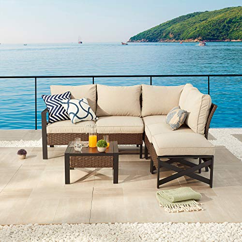 Festival Depot 6 Pieces Patio Conversation Set Outdoor Furniture Sectional Corner Sofa with All-Weather Brown Wicker Back Chair, Coffee Table, Ottoman and Thick Soft Removable Couch Cushions