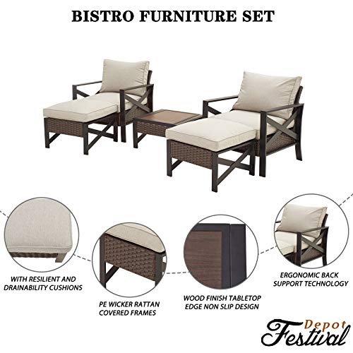 Festival Depot 5 Pieces Patio Outdoor Conversation Brown Wicker Rattan Chairs Cushions Ottomans Set Coffee Square Table Black Classic Metal Frame Furniture Garden Bistro Seating with Cushions