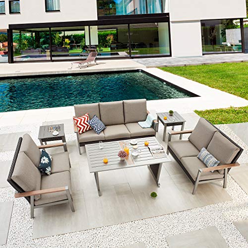 Festival Depot 6pcs Patio Conversation Set Metal Armchair Wicker 3-Seater Sofa All Weather Rattan Loveseat with Grey Thick Cushions Dining and Side Table Outdoor Furniture for Deck Poolside