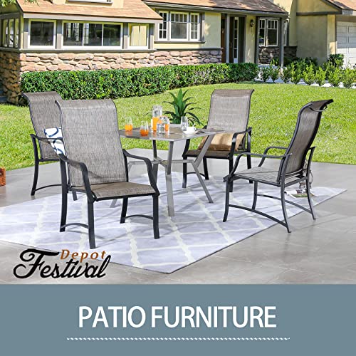 Festival Depot 5 Pieces Patio Dining Set of 4 Armrest Chair with Textilene Fabric and 1 Square Table with 2.16" Umbrella Hole Outdoor Furniture w/Metal Frame for Backyard Deck Garden, Grey