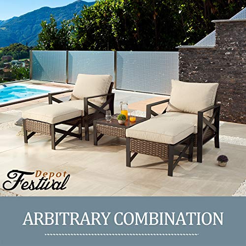 Sports Festival 1 Pcs Patio Side Coffee Table Outdoor Bistro Dining Furniture with Wood Grain Tabletop, Wicker Rattan and X Shaped Slatted Steel Legs (Brown)