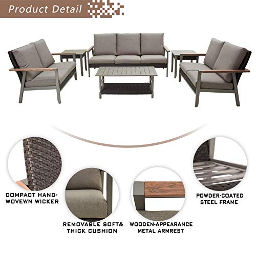 Festival Depot 6pcs Patio Conversation Set Wicker Armchair Rattan Loveseat All Weather 3-Seater with Grey Thick Cushions and Side Coffee Table in Metal Frame Outdoor Furniture for Deck Poolside