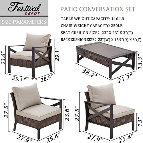 Festival Depot 5 Piece Patio Outdoor Furniture Conversation Set Wicker Rattan Armchair Coffee Table X Shaped Slatted Steel Frame Leg for Porch Lawn Garden Balcony Pool Backyard