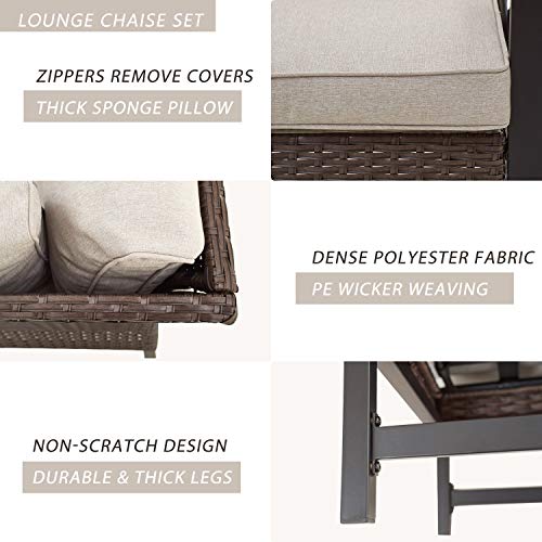 Festival Depot 5 Pieces Patio Outdoor Conversation Brown Wicker Rattan Chairs Cushions Ottomans Set Coffee Square Table Black Classic Metal Frame Furniture Garden Bistro Seating with Cushions