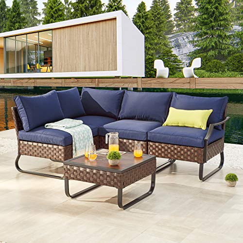 Festival Depot 5 Pieces Patio Conversation Sets Outdoor Furniture Sectional Corner Sofa with All-Weather PE Rattan Wicker Back Chair, Coffee Side Table and Soft Removable Couch Cushions (Blue)