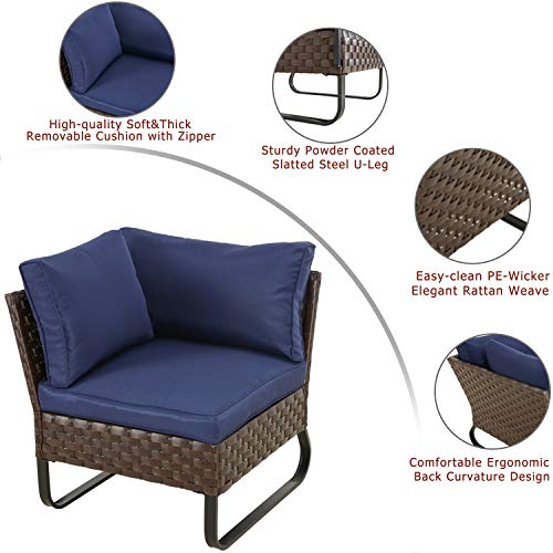 Festival Depot Patio Dining Outdoor Bistro Furniture Corner Section Chairs Wicker Rattan Premium Fabric Soft & Deep Cushions with Side U Shaped Slatted Steel Legs for Garden Yard Poolside All-Weather