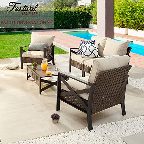 Festival Depot 5 Piece Patio Outdoor Furniture Conversation Set Wicker Rattan Armchair Coffee Table X Shaped Slatted Steel Frame Leg for Porch Lawn Garden Balcony Pool Backyard