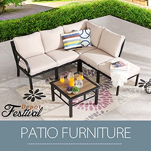 Festival Depot 6 Pieces Patio Conversation Set Sectional Corner Chair Ottoman with Cushions and Side Table All Weather Metal Outdoor Furniture for Deck Garden, Beige