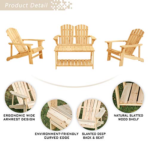 Charming 4 Piece Wooden Adirondack Patio Set with Loveseat and Coffee Table