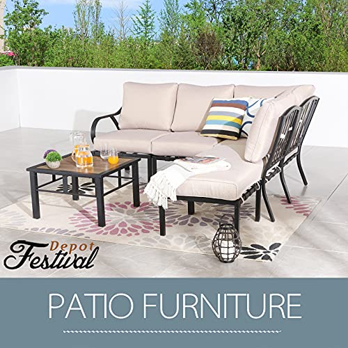 Festival Depot 6 Pieces Patio Conversation Set Sectional Corner Chair Ottoman with Cushions and Side Table All Weather Metal Outdoor Furniture for Deck Garden, Beige