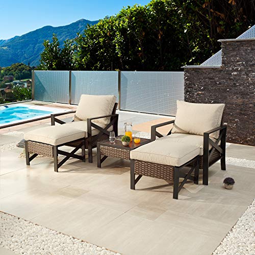 Festival Depot 5 Pieces Patio Outdoor Conversation Brown Wicker Rattan Chairs Cushions Ottomans Set Coffee Square Table Black Classic Metal Frame Furniture Garden Bistro Seating with Cushions