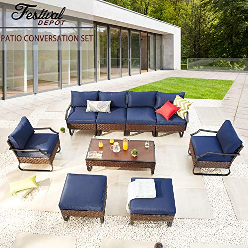 Festival Depot 9 Pcs Patio Conversation Sets Outdoor Furniture Sectional Sofa with All-Weather PE Rattan Wicker Chair,Loveseat Coffee Table and Thick Soft Removable Couch Cushions(Blue)