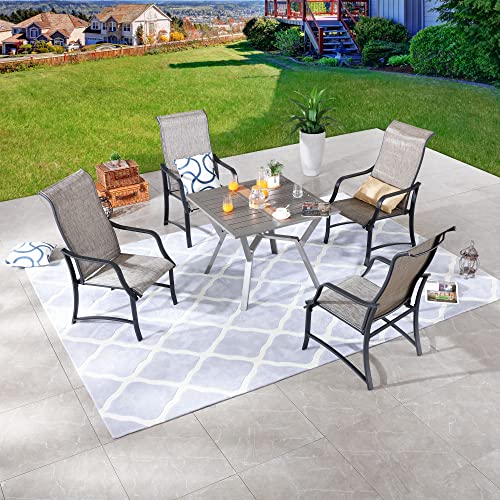 Festival Depot 5 Pieces Patio Dining Set of 4 Armrest Chair with Textilene Fabric and 1 Square Table with 2.16" Umbrella Hole Outdoor Furniture w/Metal Frame for Backyard Deck Garden, Grey