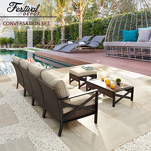 Festival Depot 6 Pieces Patio Conversation Set Outdoor Furniture Sectional Sofa with All-Weather Brown PE Rattan Wicker Back Chair, Coffee Table, Ottoman and Thick Soft Removable Couch Cushions