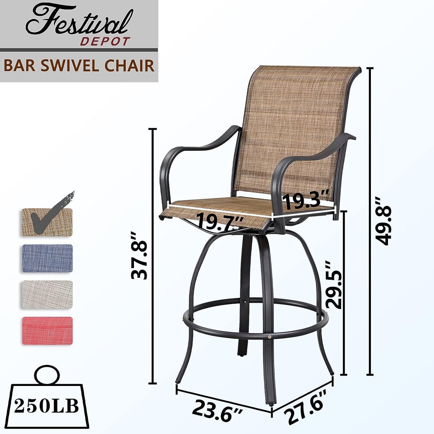 Festival Depot 2 Piece Bar Bistro Outdoor Patio Dining Furniture Chairs Textilene High Stools 360° Swivel Chairs with Steel Curved Armrest with Metal Steel Frame Legs for Lawn Garden Pool All-Weather