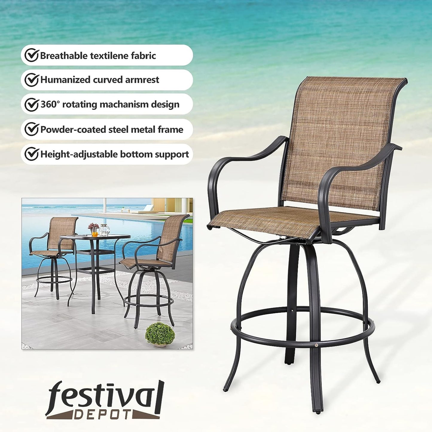 Festival Depot 2 Piece Bar Bistro Outdoor Patio Dining Furniture Chairs Textilene High Stools 360° Swivel Chairs with Steel Curved Armrest with Metal Steel Frame Legs for Lawn Garden Pool All-Weather