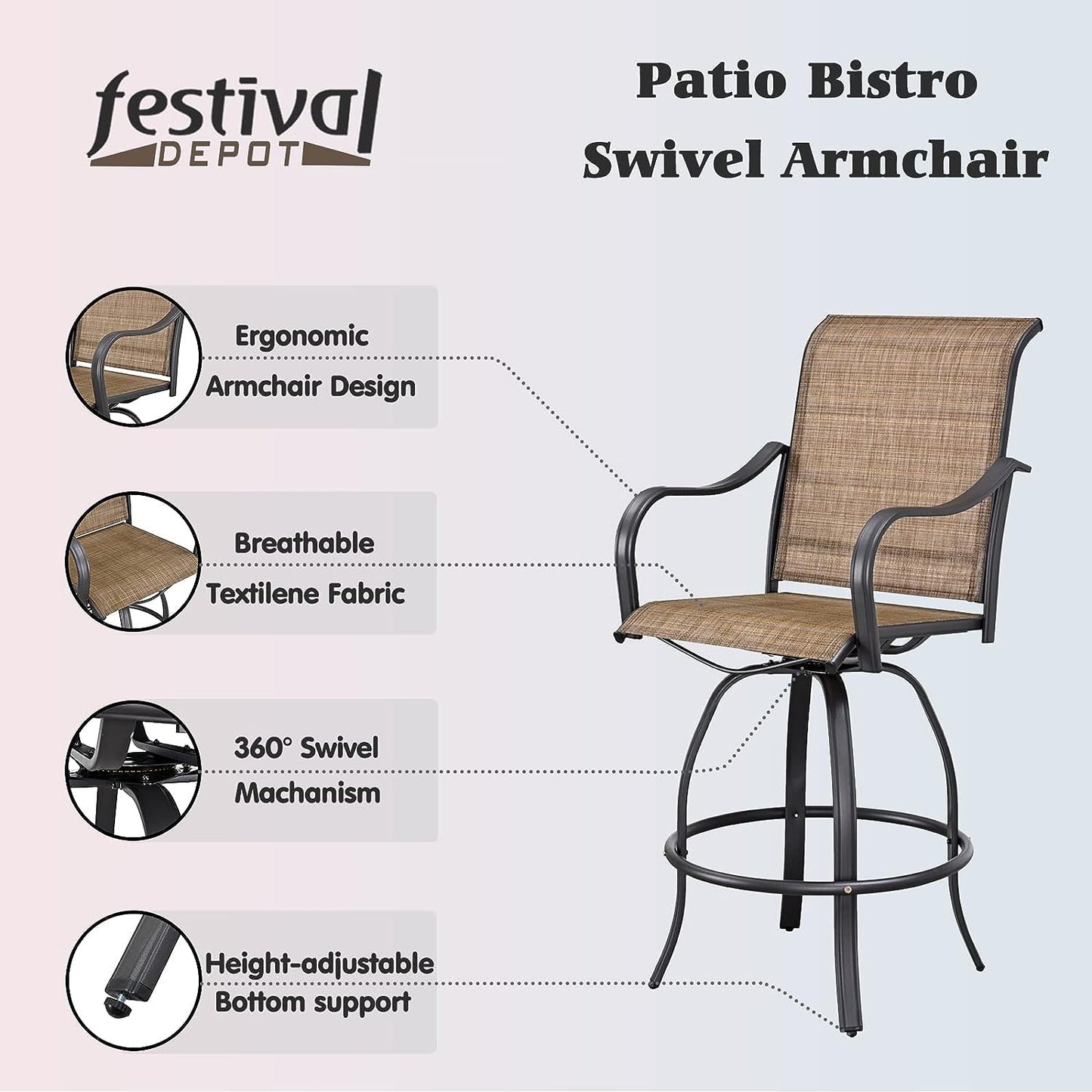 Festival Depot 2 Piece Bar Bistro Outdoor Patio Dining Furniture Chairs Textilene High Stools 360° Swivel Chairs with Steel Curved Armrest with Metal Steel Frame Legs for Lawn Garden Pool All-Weather