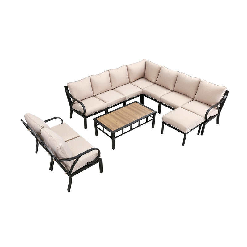 Festival Depot 11 Pieces Patio Conversation Set Sectional Sofa Corner Armchair Ottoman with Thick Cushions and Coffee Table All Weather Metal Outdoor Furniture for Deck Garden, Beige