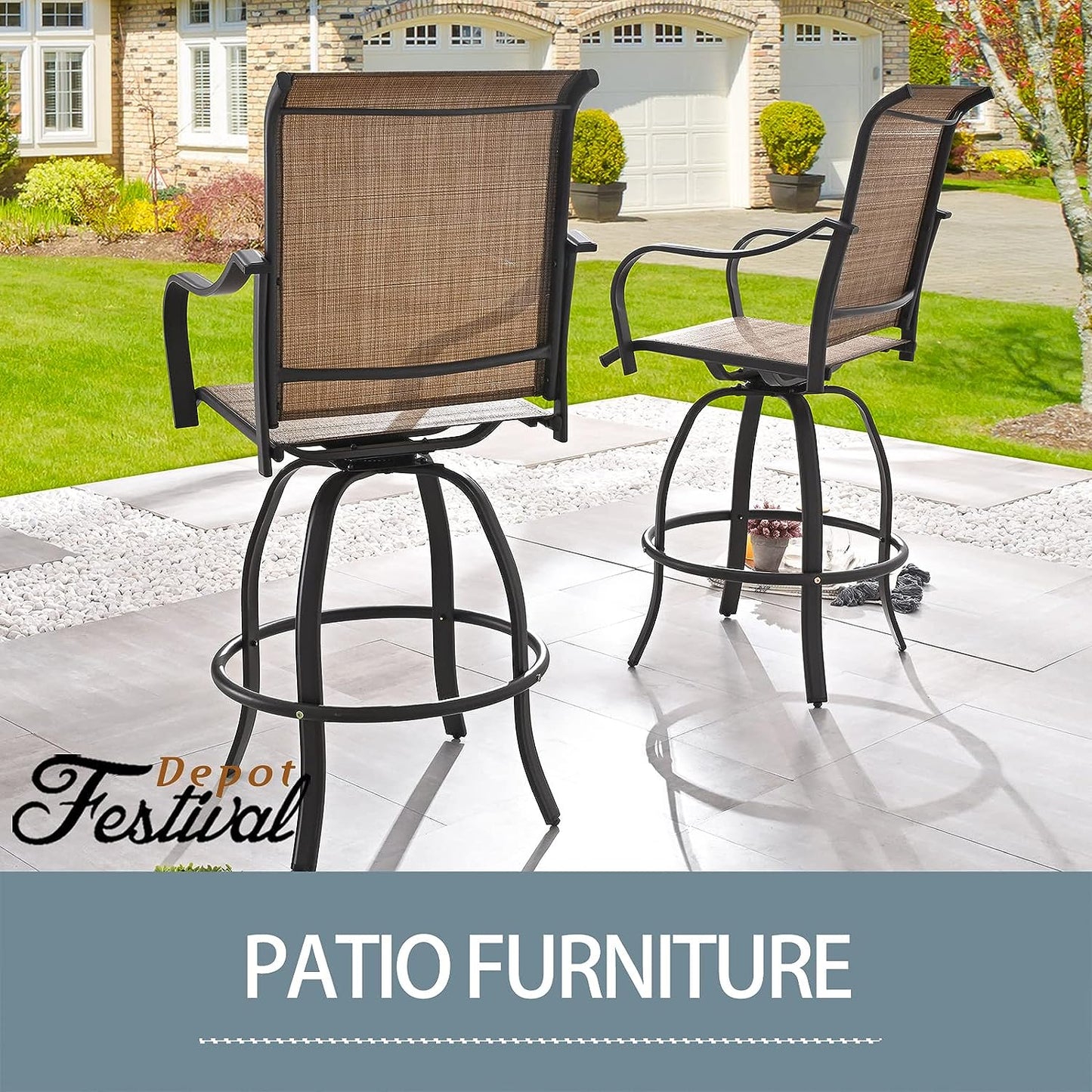 Festival Depot 2 Piece Bar Bistro Outdoor Patio Dining Furniture Chairs Textilene High Stools 360° Swivel Chairs with Steel Curved Armrest with Metal Steel Frame Legs for Lawn Garden Pool All-Weather